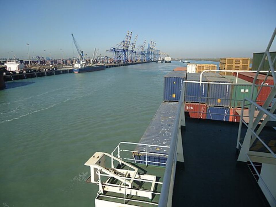 Container cranes and stacked containers at the port of Mundra, Gujarat